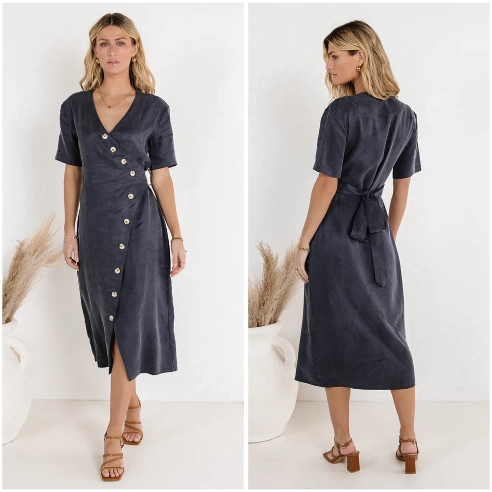 Böhme Bhar Midi Wrap Dress Navy Full Button Front Women’s Size XL